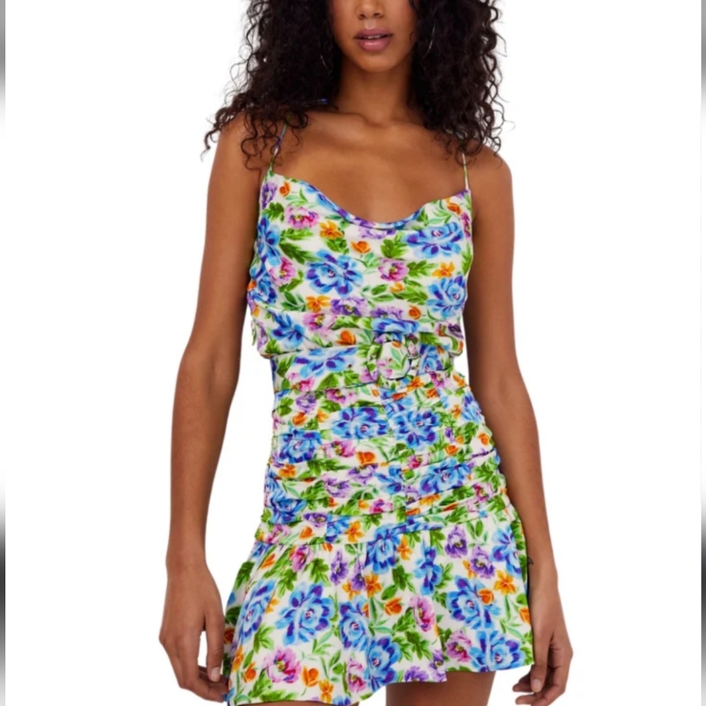 For Love And Lemons Floral Multicolor mini Dress with self belt size L and M NWT